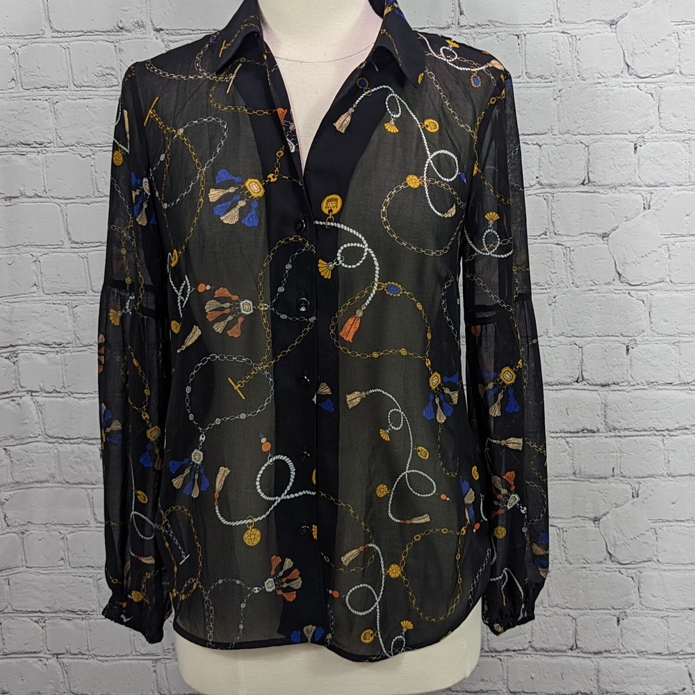 CAbi Blouse Women S Black Victoria 3861 Jewelry Print Balloon Sleeve Chiffon